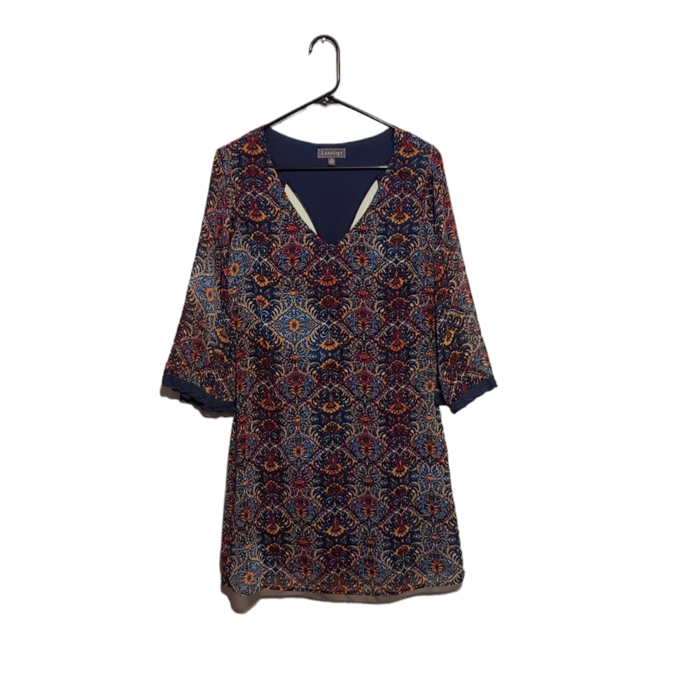 Boho Peasant Dress Size 6 Blue Printed Brunch Easter Western Cowgirl Office Y2K